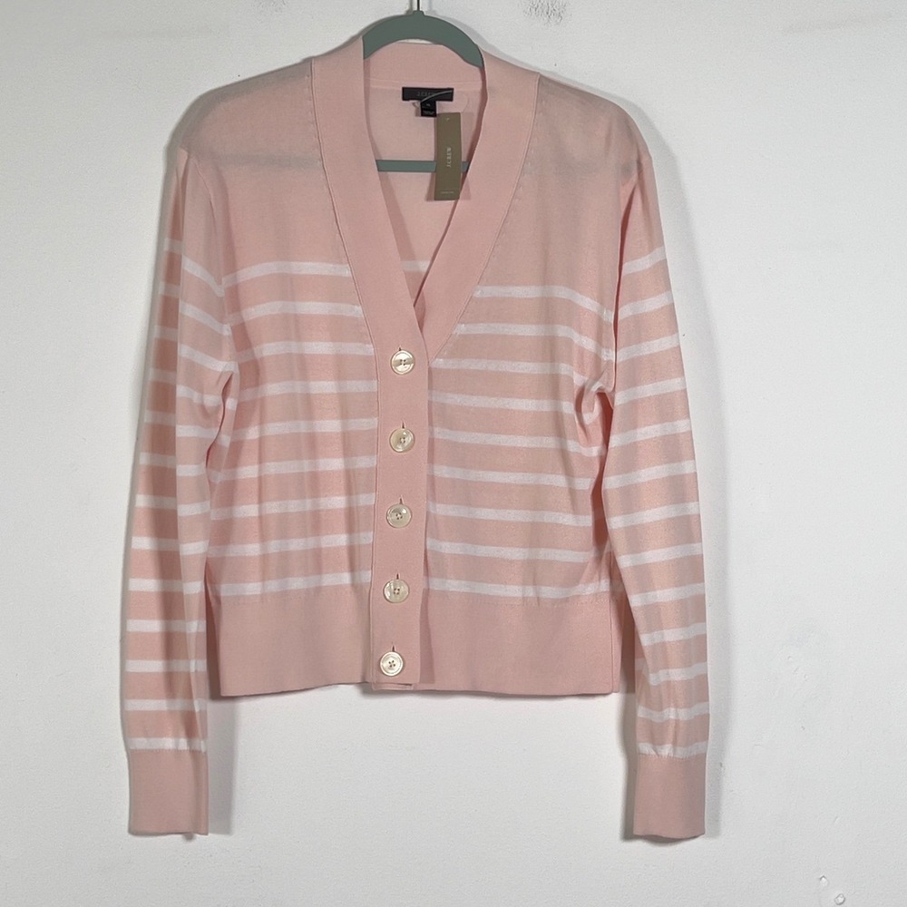 J.Crew Cropped Cardigan Sweater Women Sz XL Pink Striped V-Neck Button Front